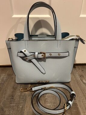 Light Powder Blue Structured Leather Mini Tote with Detachable Strap